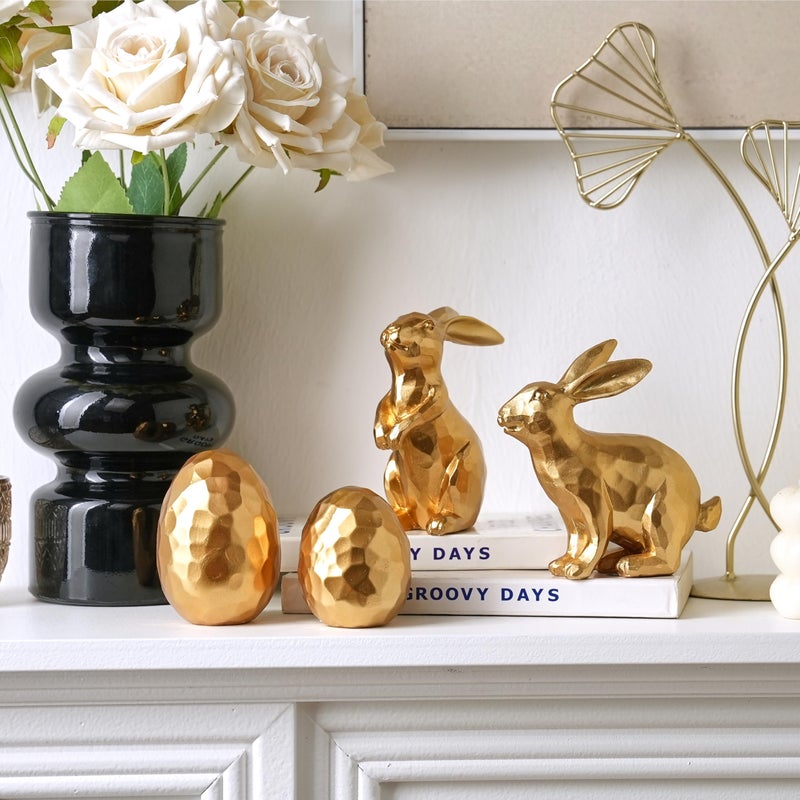AOMOONOA Gold Easter Bunny and Egg Set, 4Pcs Resin Easter Rabbit and Egg Figurines, Small Faceted Bunny Statues for Modern Tabletop Centerpiece, Elegant Spring Mantle, Shelf, Home Decor - Image 3
