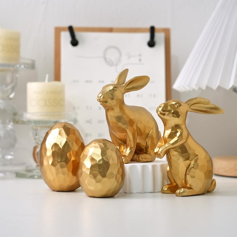 AOMOONOA Gold Easter Bunny and Egg Set, 4Pcs Resin Easter Rabbit and Egg Figurines, Small Faceted Bunny Statues for Modern Tabletop Centerpiece, Elegant Spring Mantle, Shelf, Home Decor - Image 4