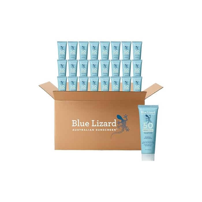Blue Lizard Sensitive Mineral SPF 50 Sunscreen Lotion, 100% Mineral Active Sunscreen, Travel Size, UVA/UVB Protection, Infused with Organic Aloe Vera, We Love The Reef Formula, 1 fl oz, 24-Pack