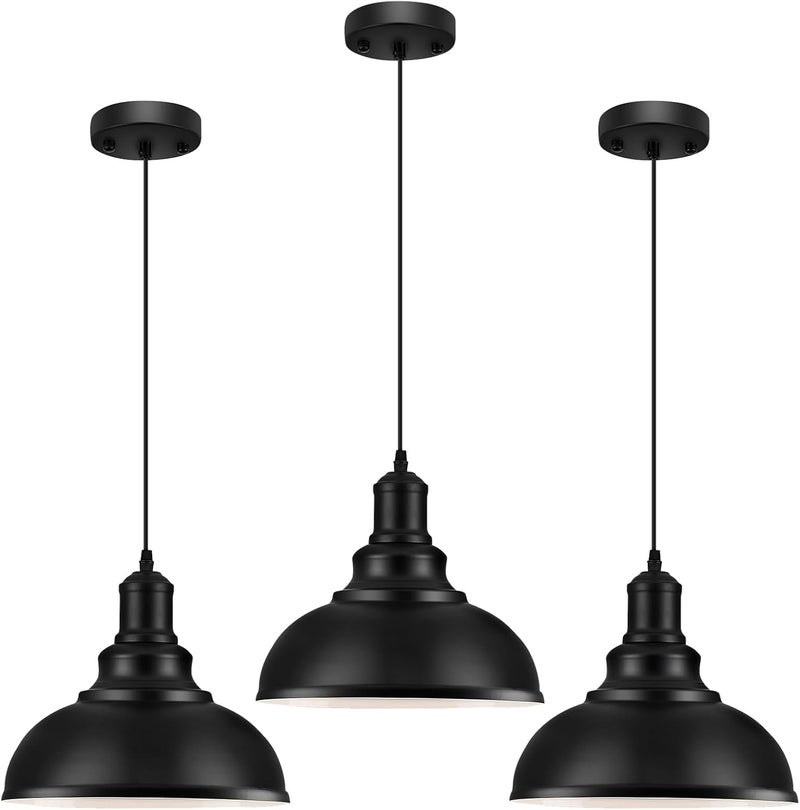 LOEHINLE 3PCS Pendant Lighting, Vintage Industrial Fixtures, Black Metal Chandelier Lights, Ceiling Lamp for Kitchen Home Island Dining Room Bedroom, 11.4 inches - Image 1