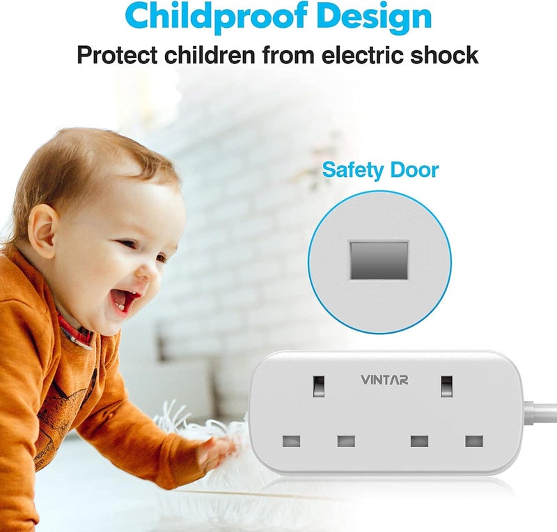 VINTAR [1-pack] Extension Lead with USB Slots, Power Strip with 2 Way Outlets 2 USB Slots(13A/3250W), Plug Extension Socket with 1.8M Extension Cord for Home Office- White - Image 5