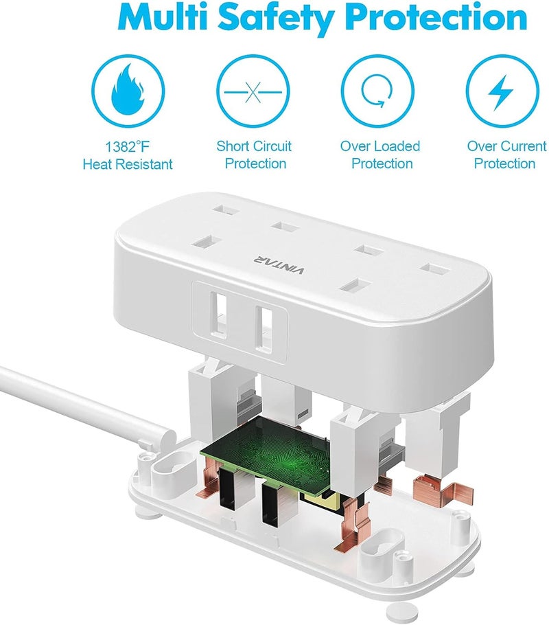 VINTAR [1-pack] Extension Lead with USB Slots, Power Strip with 2 Way Outlets 2 USB Slots(13A/3250W), Plug Extension Socket with 1.8M Extension Cord for Home Office- White - Image 4