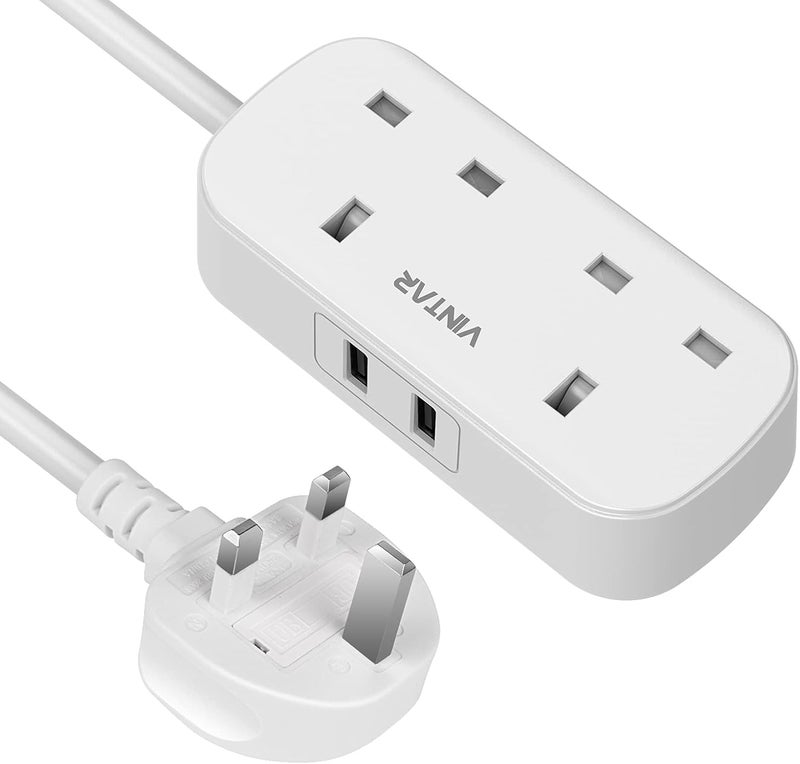 VINTAR [1-pack] Extension Lead with USB Slots, Power Strip with 2 Way Outlets 2 USB Slots(13A/3250W), Plug Extension Socket with 1.8M Extension Cord for Home Office- White - Image 1