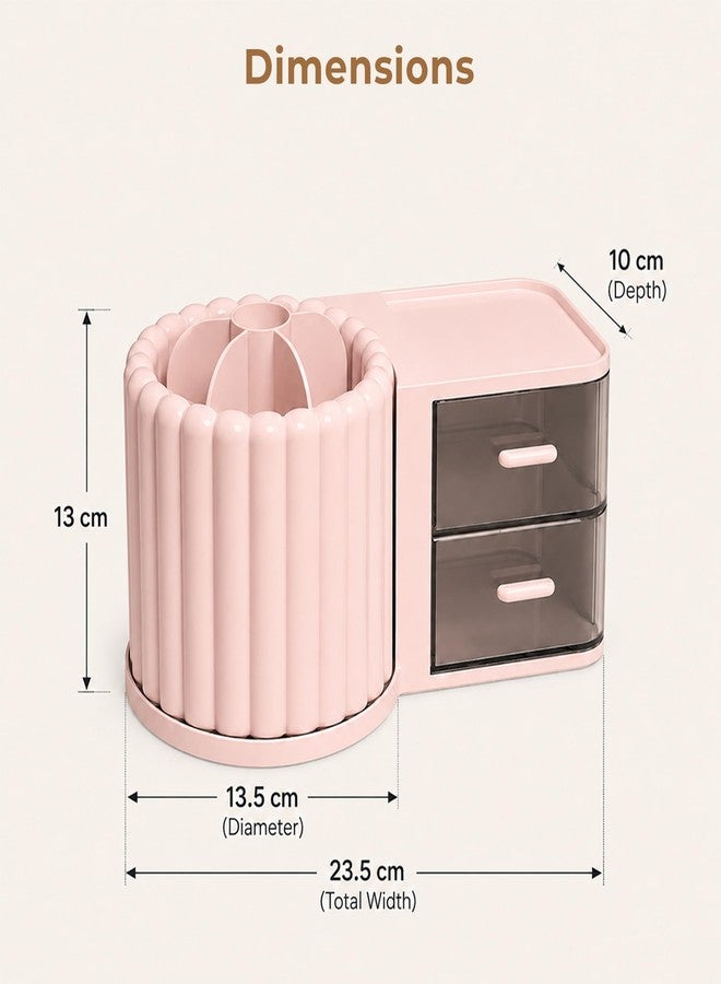 Home Essentials HomeEssentials 360° Rotating Organizer with 2 Drawers, Multifunction Stationery Storage Organizer, Vanity Countertop Organizer for Makeup Brushes, Lipsticks, Pens, Skincare & Beauty Accessories (Pink) - Image 5