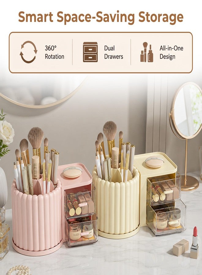 Home Essentials HomeEssentials 360° Rotating Organizer with 2 Drawers, Multifunction Stationery Storage Organizer, Vanity Countertop Organizer for Makeup Brushes, Lipsticks, Pens, Skincare & Beauty Accessories (Pink) - Image 4