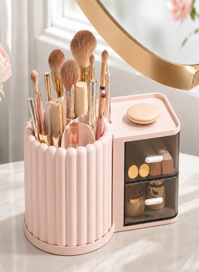 Home Essentials HomeEssentials 360° Rotating Organizer with 2 Drawers, Multifunction Stationery Storage Organizer, Vanity Countertop Organizer for Makeup Brushes, Lipsticks, Pens, Skincare & Beauty Accessories (Pink) - Image 1