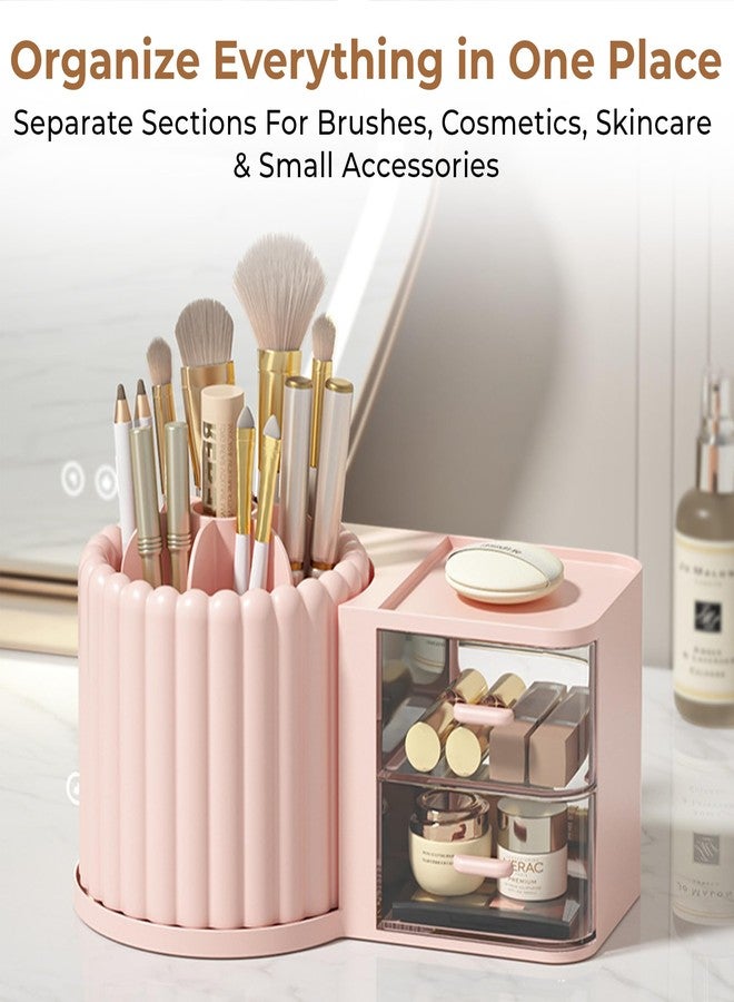 Home Essentials HomeEssentials 360° Rotating Organizer with 2 Drawers, Multifunction Stationery Storage Organizer, Vanity Countertop Organizer for Makeup Brushes, Lipsticks, Pens, Skincare & Beauty Accessories (Pink) - Image 2