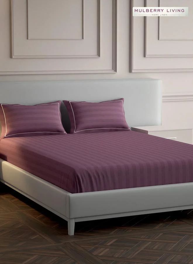 Mulberry Living 100% Cotton Queen Flat Bedsheet With 2 Pillow Covers - 300Tc Elysian Stripes - Plum