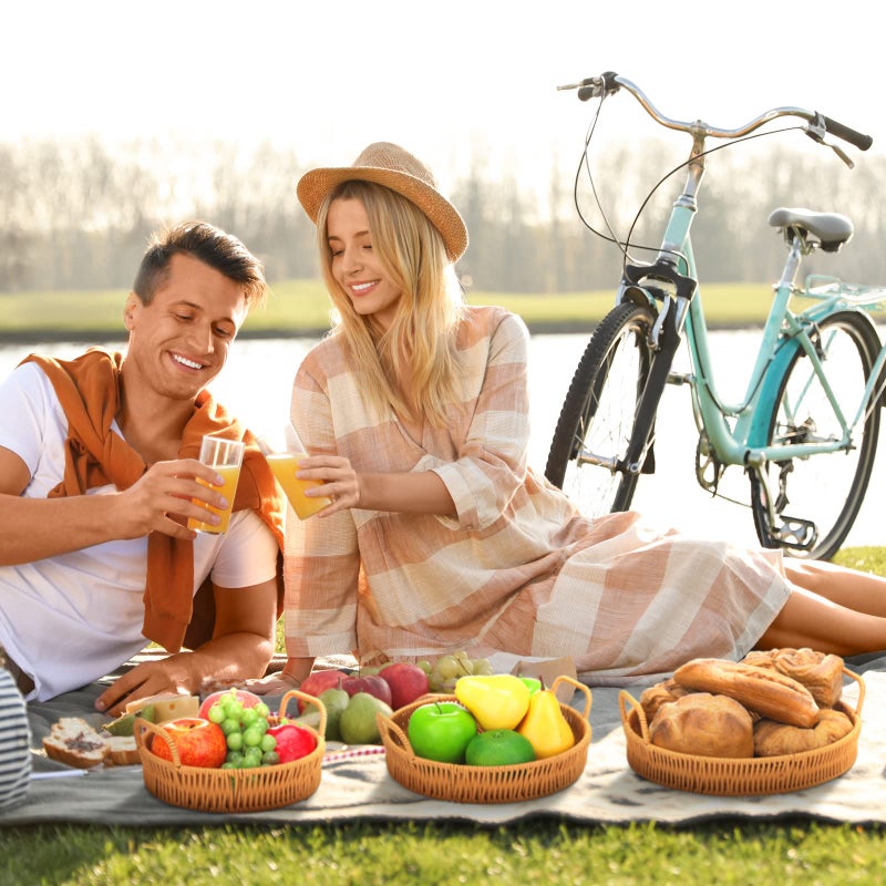 Ferraycle 3 Pcs Rattan Serving Tray with Handles Woven Wicker Tray Round Shallow Rattan Basket Fruit Tray Decor for Serving(Brown) - Image 5