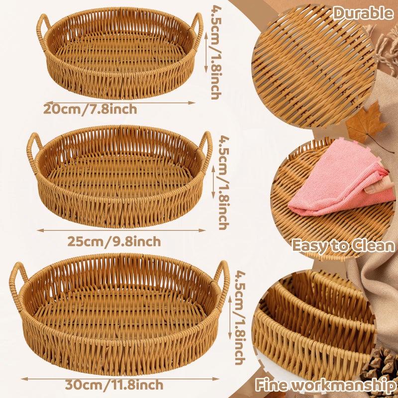 Ferraycle 3 Pcs Rattan Serving Tray with Handles Woven Wicker Tray Round Shallow Rattan Basket Fruit Tray Decor for Serving(Brown) - Image 4