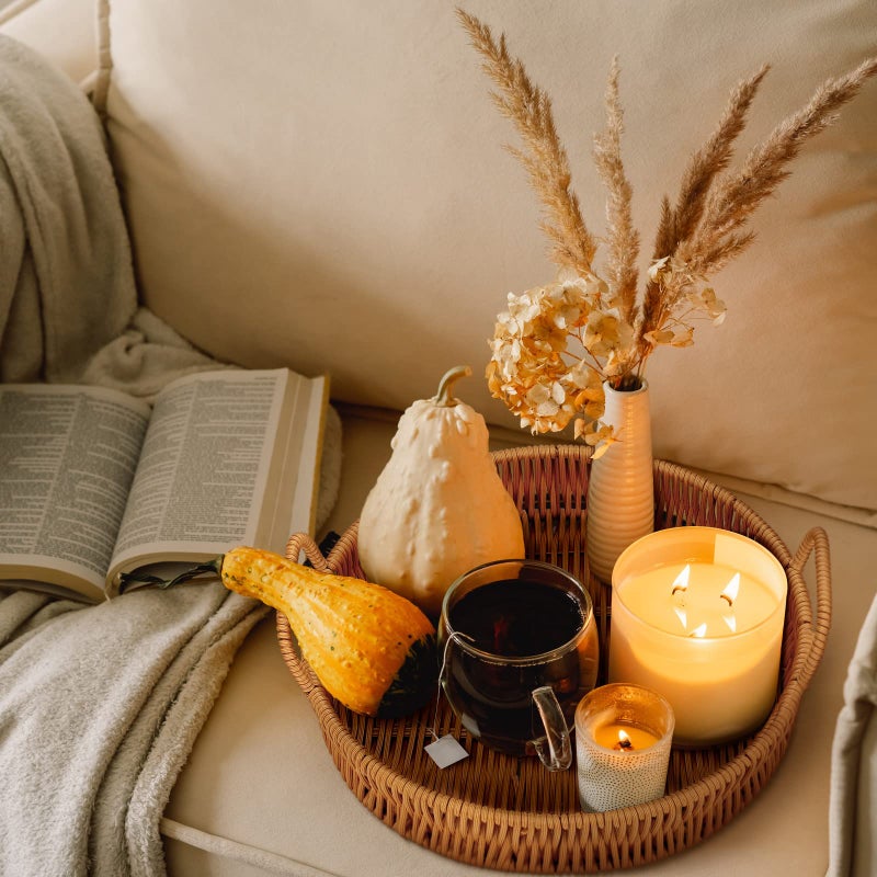 Ferraycle 3 Pcs Rattan Serving Tray with Handles Woven Wicker Tray Round Shallow Rattan Basket Fruit Tray Decor for Serving(Brown) - Image 2