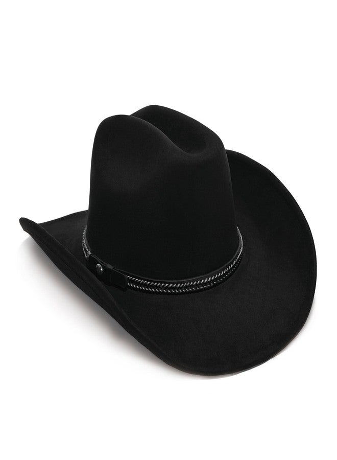 YOUBADU Faux Suede Felt Western Cowboy Hat for Women or Men, Wide Brim, Rivet Strap, Crown Black Braid, M/One size - Image 1