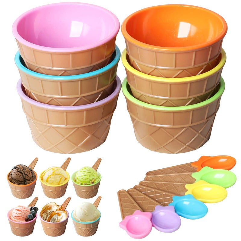 InfiSoul Ice Cream Bowls Set of 6 Dessert Bowls with Matching Spoons Salad Dessert Serving Bowls Tableware Set 300ml Plastic Assorted Cute Colours Wafer Design Ice Cream Cone Bowl - Image 5