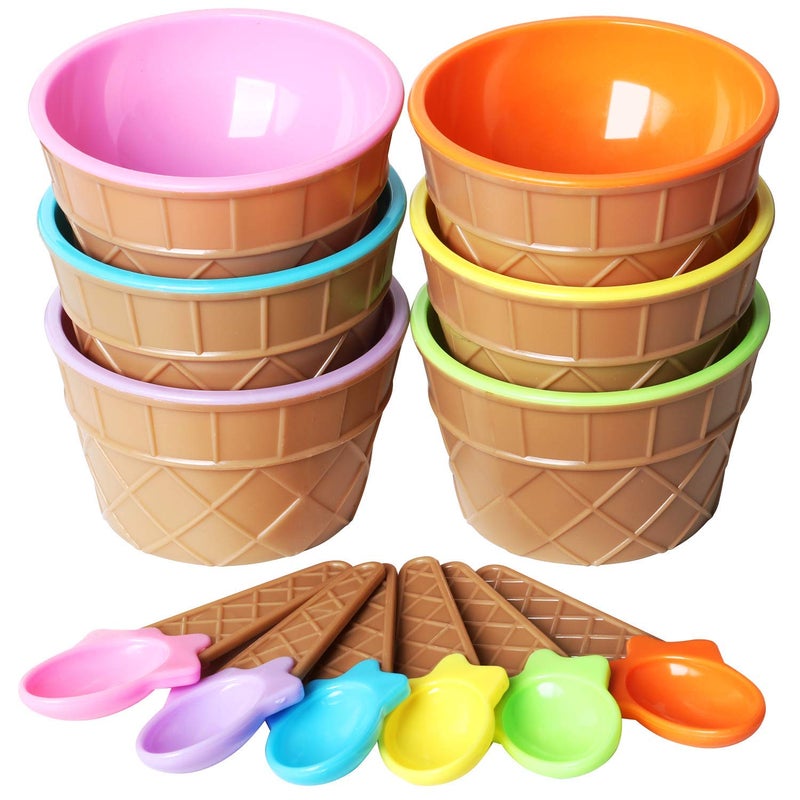 InfiSoul Ice Cream Bowls Set of 6 Dessert Bowls with Matching Spoons Salad Dessert Serving Bowls Tableware Set 300ml Plastic Assorted Cute Colours Wafer Design Ice Cream Cone Bowl - Image 4