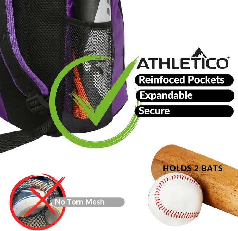 Athletico Youth Baseball Bag - Bat Backpack for Baseball, T-Ball & Softball Equipment & Gear | Holds Bat, Helmet, Glove | Fence Hook - Image 4