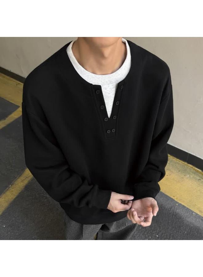Izexx Men's Two-piece Style Henry Collar Sweatshirt Autumn Crewneck Simple Versatile Loose Fit Base Shirt Jw19 Black 3XL - Image 5