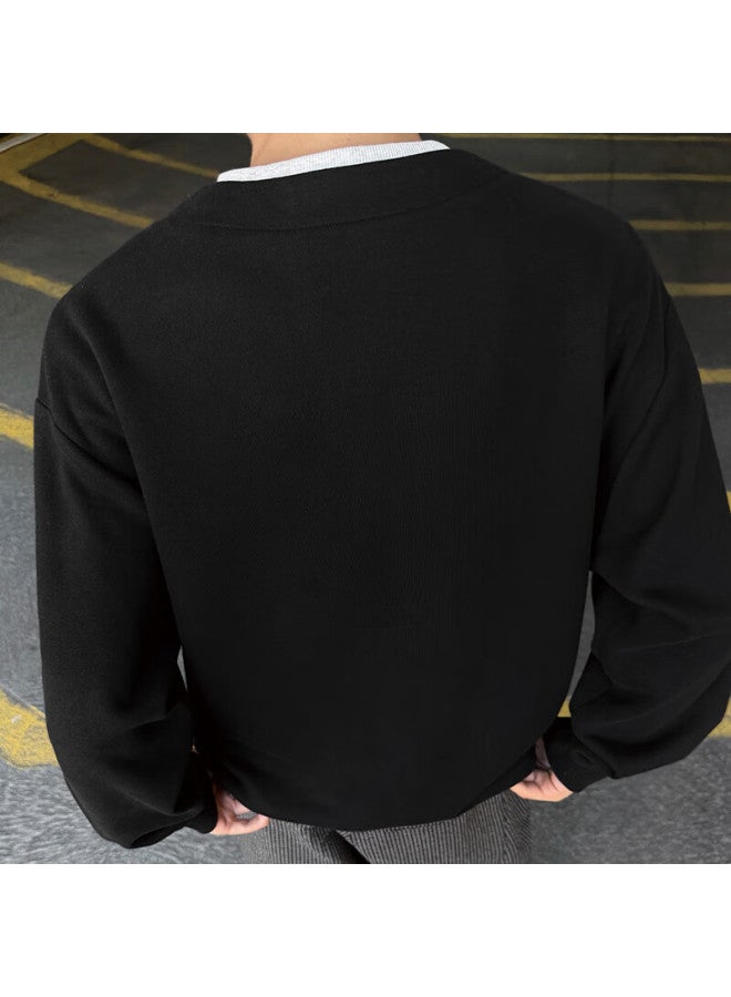 Izexx Men's Two-piece Style Henry Collar Sweatshirt Autumn Crewneck Simple Versatile Loose Fit Base Shirt Jw19 Black 3XL - Image 3