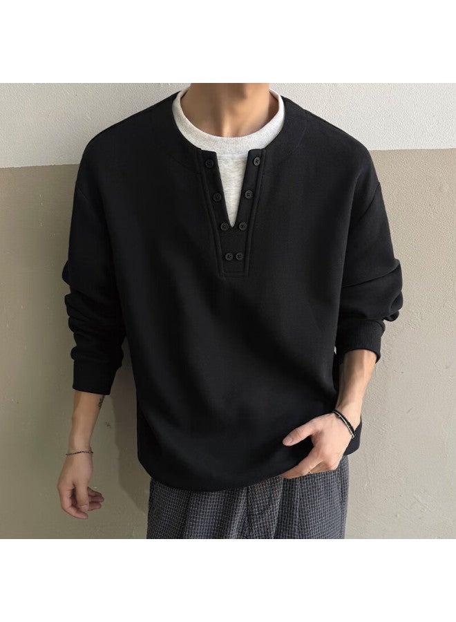Izexx Men's Two-piece Style Henry Collar Sweatshirt Autumn Crewneck Simple Versatile Loose Fit Base Shirt Jw19 Black 3XL - Image 1