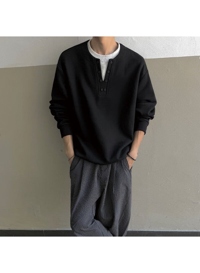 Izexx Men's Two-piece Style Henry Collar Sweatshirt Autumn Crewneck Simple Versatile Loose Fit Base Shirt Jw19 Black 3XL - Image 4