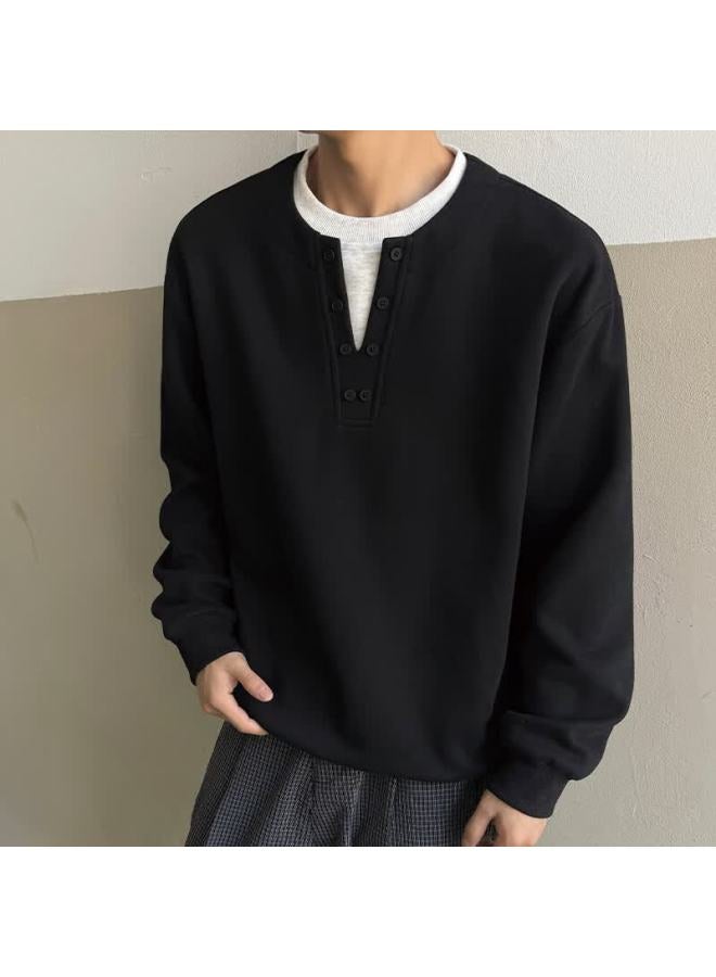Izexx Men's Two-piece Style Henry Collar Sweatshirt Autumn Crewneck Simple Versatile Loose Fit Base Shirt Jw19 Black 3XL - Image 2