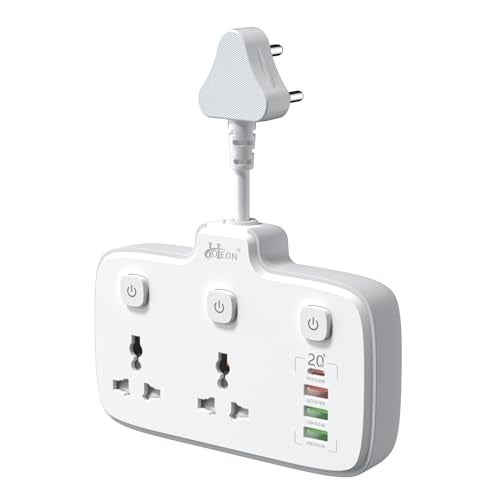 Hoteon Extension Board, Individual Switch Power Strip with 20W Fast PD/Type C, 2500W 10A Extension Cord with 2 Universal Socket, 1 QC3.0 Port & 2 USB-A, Surge Protection for Home - Image 1
