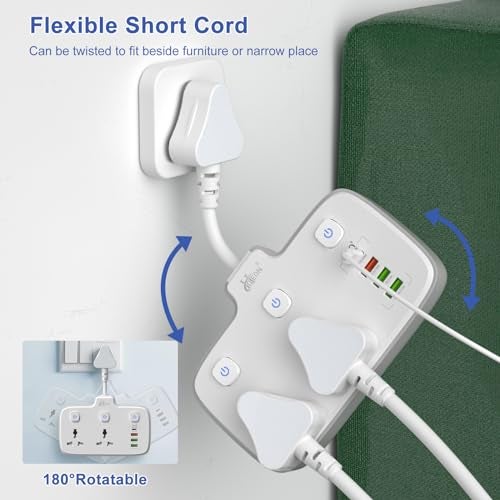 Hoteon Extension Board, Individual Switch Power Strip with 20W Fast PD/Type C, 2500W 10A Extension Cord with 2 Universal Socket, 1 QC3.0 Port & 2 USB-A, Surge Protection for Home - Image 2