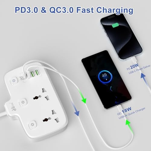 Hoteon Extension Board, Individual Switch Power Strip with 20W Fast PD/Type C, 2500W 10A Extension Cord with 2 Universal Socket, 1 QC3.0 Port & 2 USB-A, Surge Protection for Home - Image 5