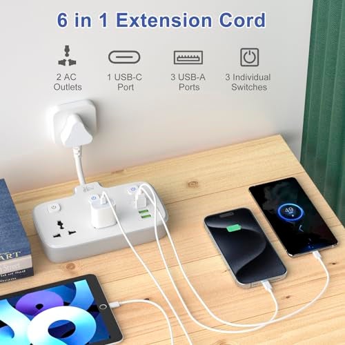 Hoteon Extension Board, Individual Switch Power Strip with 20W Fast PD/Type C, 2500W 10A Extension Cord with 2 Universal Socket, 1 QC3.0 Port & 2 USB-A, Surge Protection for Home - Image 3