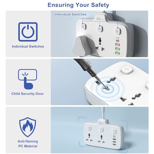 Hoteon Extension Board, Individual Switch Power Strip with 20W Fast PD/Type C, 2500W 10A Extension Cord with 2 Universal Socket, 1 QC3.0 Port & 2 USB-A, Surge Protection for Home - Image 4