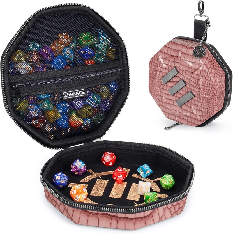 ENHANCE DnD Dice Tray and Case - Collector's Edition DnD Dice Holder for up to 150 D&D Shakers with Hard Shell Exterior and Protective Soft Interior - Rolling Tray Perfect for Game Night (Dragon Pink) - Image 1