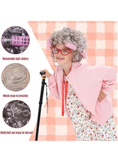 Beauenty Old Lady Wig Costume for Women, 100 Days of School Costume, Curly Wig Set, Wig Glasses Wig Cap Pearl Necklace Accessories  - Image 4