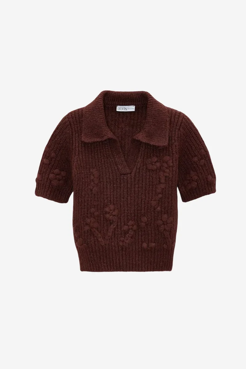 DILVIN Textured Ribbed Polo-collar Sweater