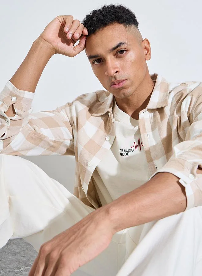 Styli Beige Checked Spread Collar Shirt
