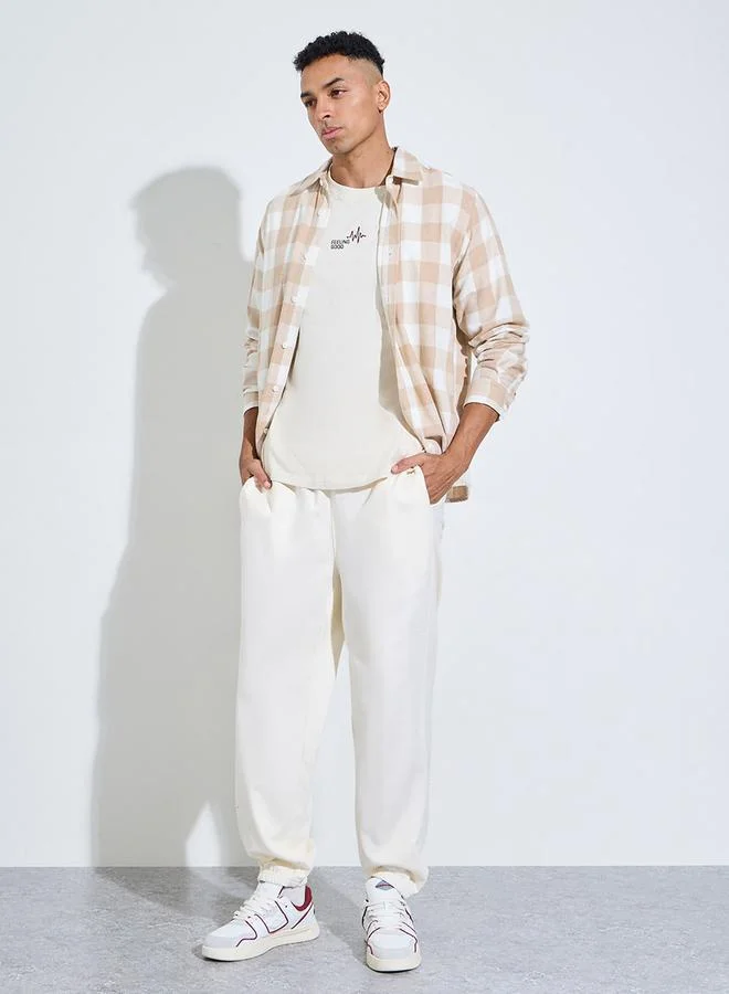 Styli Beige Checked Spread Collar Shirt