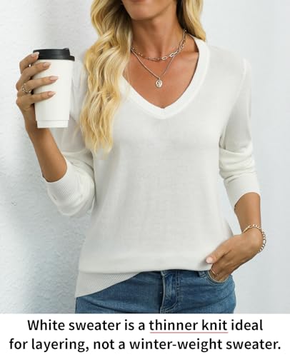 QUALFORT Sweaters for Women 100% Cotton Sweater V Neck Long Sleeve Knitted Jumper Tops Off White Medium - Image 2