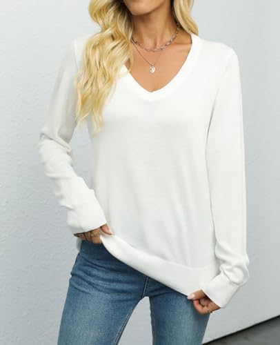 QUALFORT Sweaters for Women 100% Cotton Sweater V Neck Long Sleeve Knitted Jumper Tops Off White Medium - Image 3
