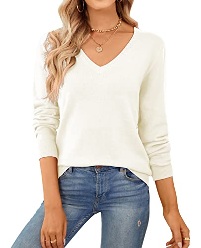 QUALFORT Sweaters for Women 100% Cotton Sweater V Neck Long Sleeve Knitted Jumper Tops Off White Medium - Image 1