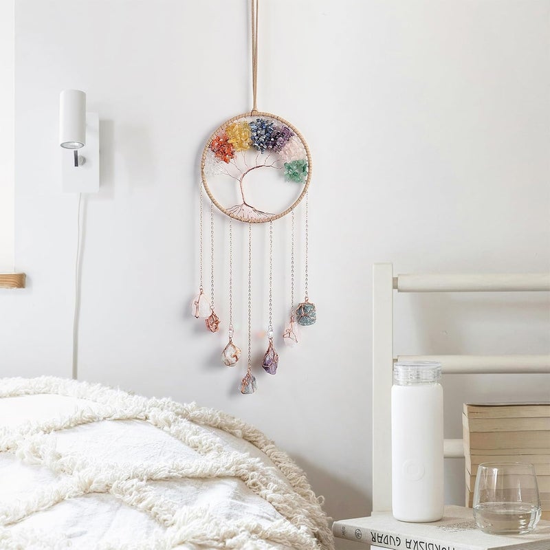Dreamsum 7 Chakra Wind Chimes Raw Stone Tree of Life Dream Catchers Hanging Ornament Natural Crystal Wind Chime for Home Garden Decoration(Gold) - Image 2