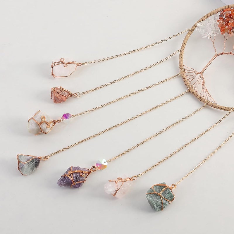 Dreamsum 7 Chakra Wind Chimes Raw Stone Tree of Life Dream Catchers Hanging Ornament Natural Crystal Wind Chime for Home Garden Decoration(Gold) - Image 5