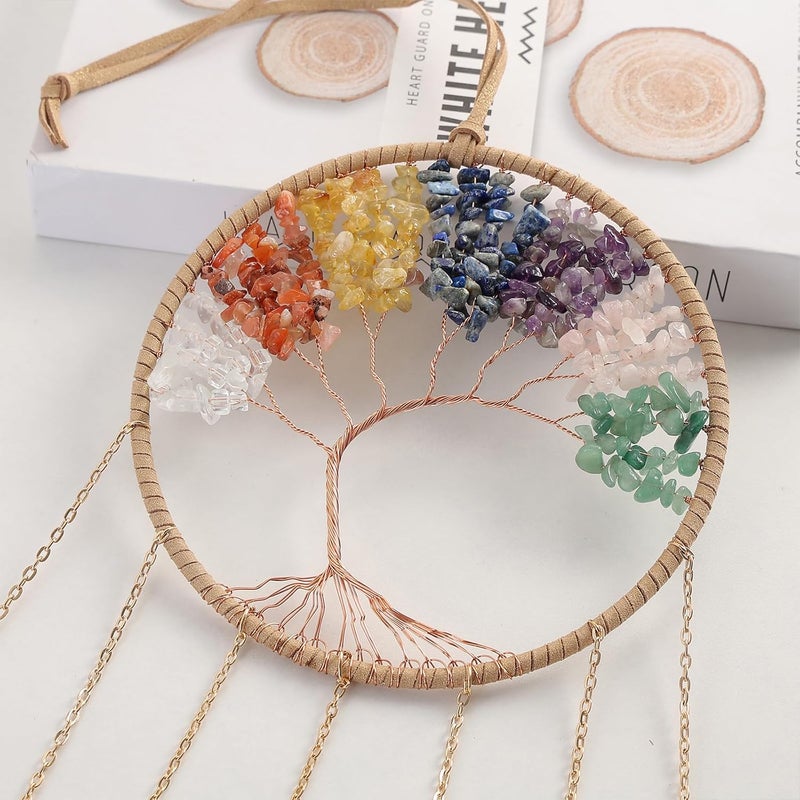 Dreamsum 7 Chakra Wind Chimes Raw Stone Tree of Life Dream Catchers Hanging Ornament Natural Crystal Wind Chime for Home Garden Decoration(Gold) - Image 4