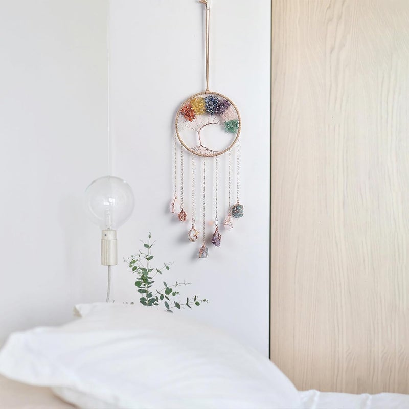 Dreamsum 7 Chakra Wind Chimes Raw Stone Tree of Life Dream Catchers Hanging Ornament Natural Crystal Wind Chime for Home Garden Decoration(Gold) - Image 3