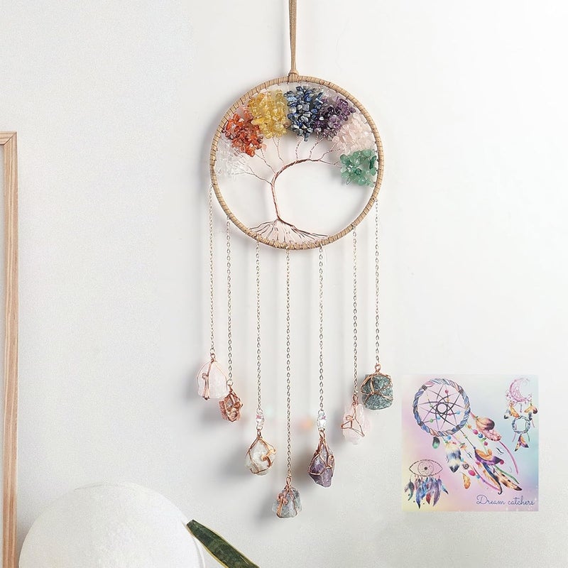 Dreamsum 7 Chakra Wind Chimes Raw Stone Tree of Life Dream Catchers Hanging Ornament Natural Crystal Wind Chime for Home Garden Decoration(Gold) - Image 1