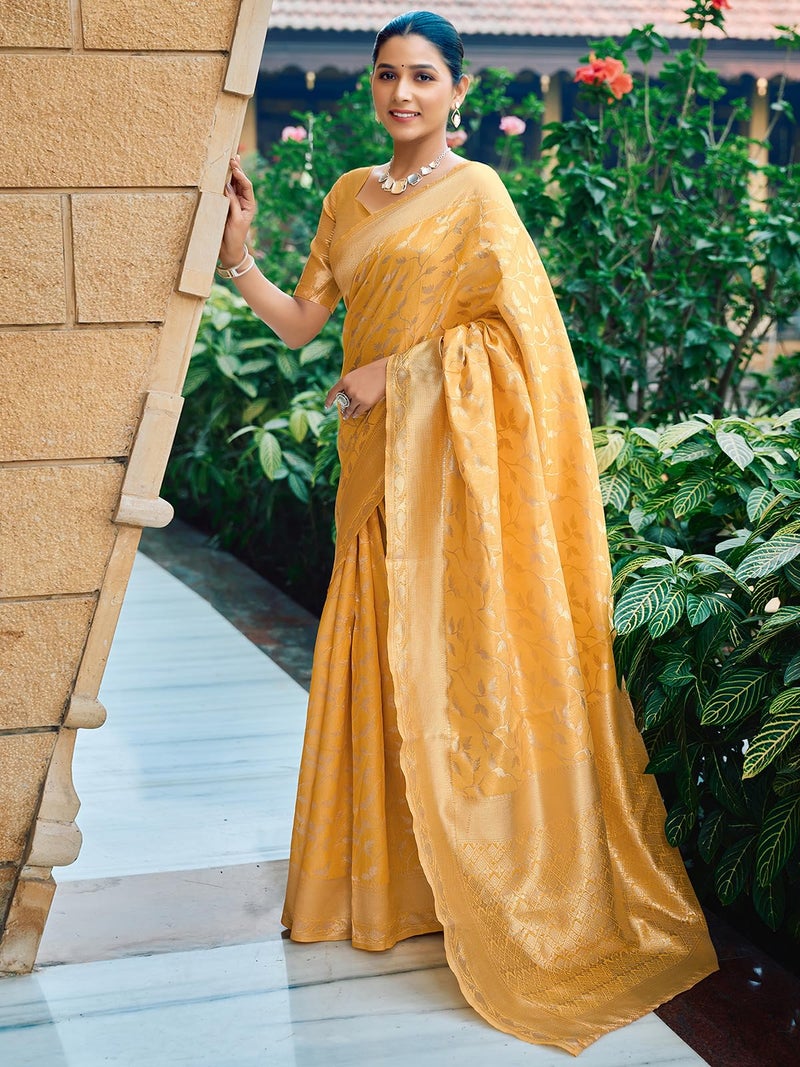 Satrani Women's Silk Blend Weaving Saree with Unstitched Blouse Piece (4088S215N_Light Yellow) - Image 2