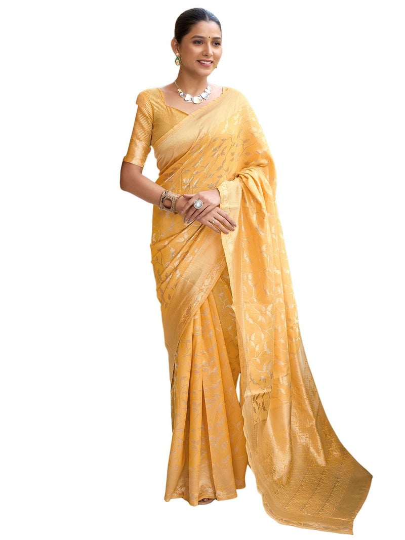 Satrani Women's Silk Blend Weaving Saree with Unstitched Blouse Piece (4088S215N_Light Yellow) - Image 1