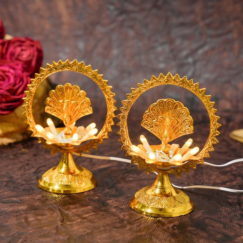 Bhimonee Decor Bhimonee Decor Pure Brass Golden Polish Electric 1 Layered Table Lights Diya 45 inches Brass Pack of 1 Pair - Image 1