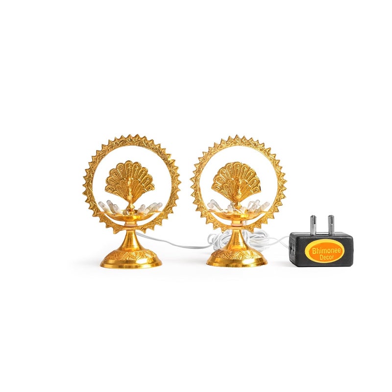 Bhimonee Decor Bhimonee Decor Pure Brass Golden Polish Electric 1 Layered Table Lights Diya 45 inches Brass Pack of 1 Pair - Image 2