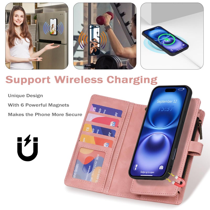 TwoHead Wallet Case Compatible with iPhone 16,Detachable Magnetic Phone Case,PU Leather All-Round Protective Case Wallet with Card Holder/Change Pocket,6.1 in,Pink - Image 3