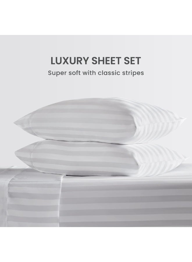 طقم أبيض ملاءات سرير من القطن الفاخر مكون من 3 قطع – ملاءة وغطاءي وسادة بنقشة مخططة، ناعم وقابل للتنفس، للاستخدام المنزلي أو الفندقي (مقاس مفرد/مزدوج) - Image 4