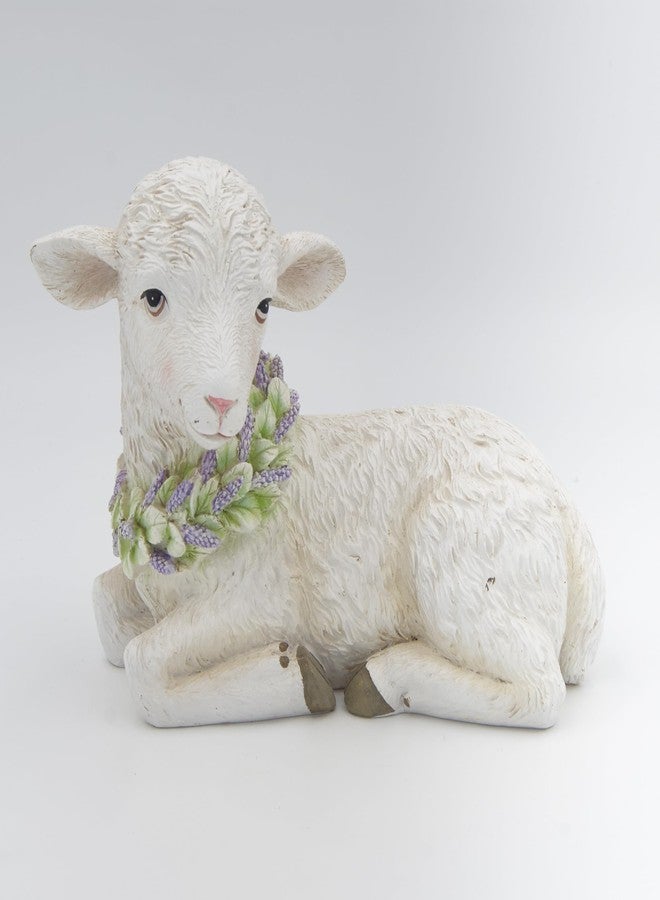 Roman, 6” H Lamb with Flower Wreath Figurine, Spring Easter Lamb Statue with Lavender Floral Collar, Farmhouse Seasonal Décor - Image 1
