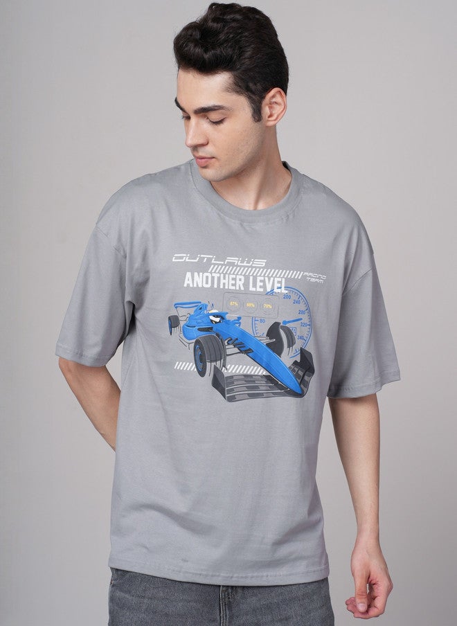 OUTLAWS تي شيرت مطبوع برسومات OUTLAWS للرجال باللون الرمادي - Image 1